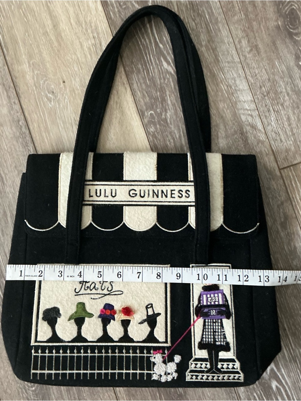 Vintage Lulu Guinness "Hats" store-front embroidered wool felt tote bag - Picture 7 of 7